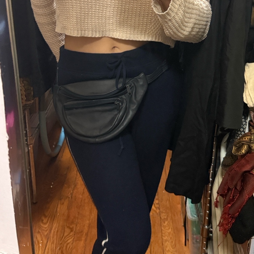 Vintage Navy Blue Leather Fanny Pack Belt Bag